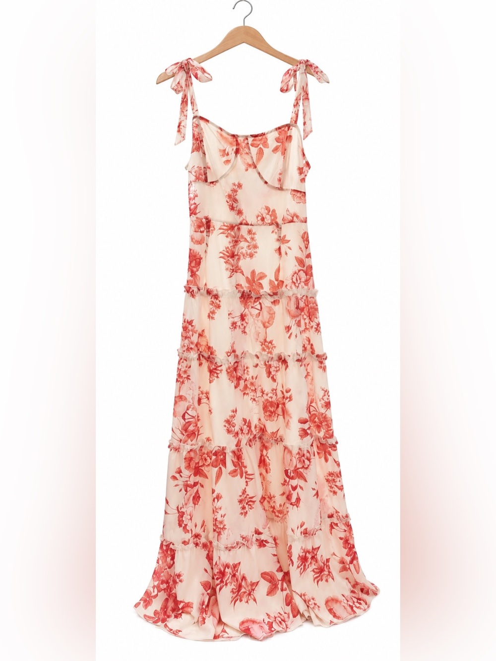 Pink Coral Floral Tiered Maxi Dress Tie Strap Romantic Boho